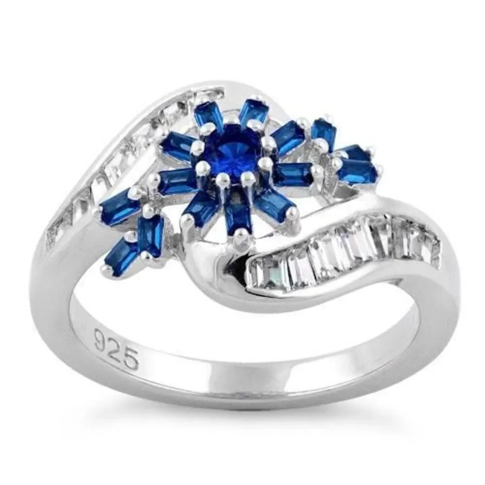 Blooming Flower Blue Sapphire Sterling Silver Ring Womens New